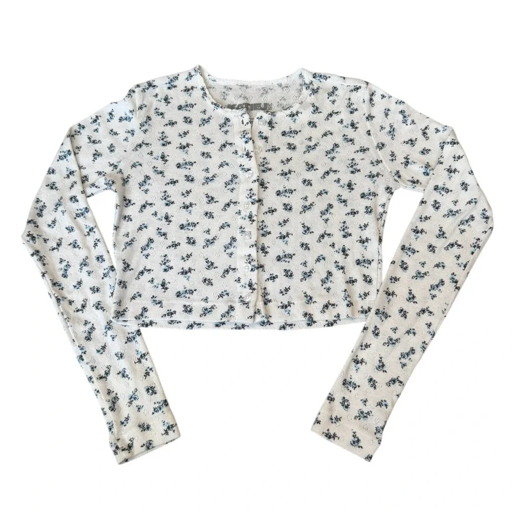 Cozy Lightweight‎ Blue Ditsy Floral Cardigan Kids Youth Large (12)